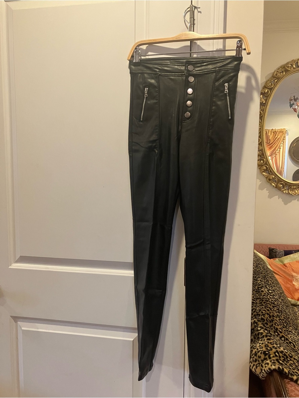 H&M Black Faux Leather Skinny Jeans with Button Front